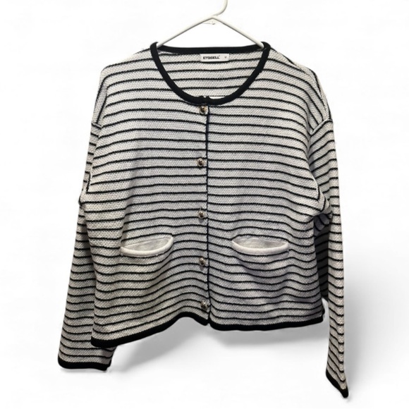 Jackets & Blazers - Etosell Black and White Striped Cardigan With Gold Buttons Size Medium